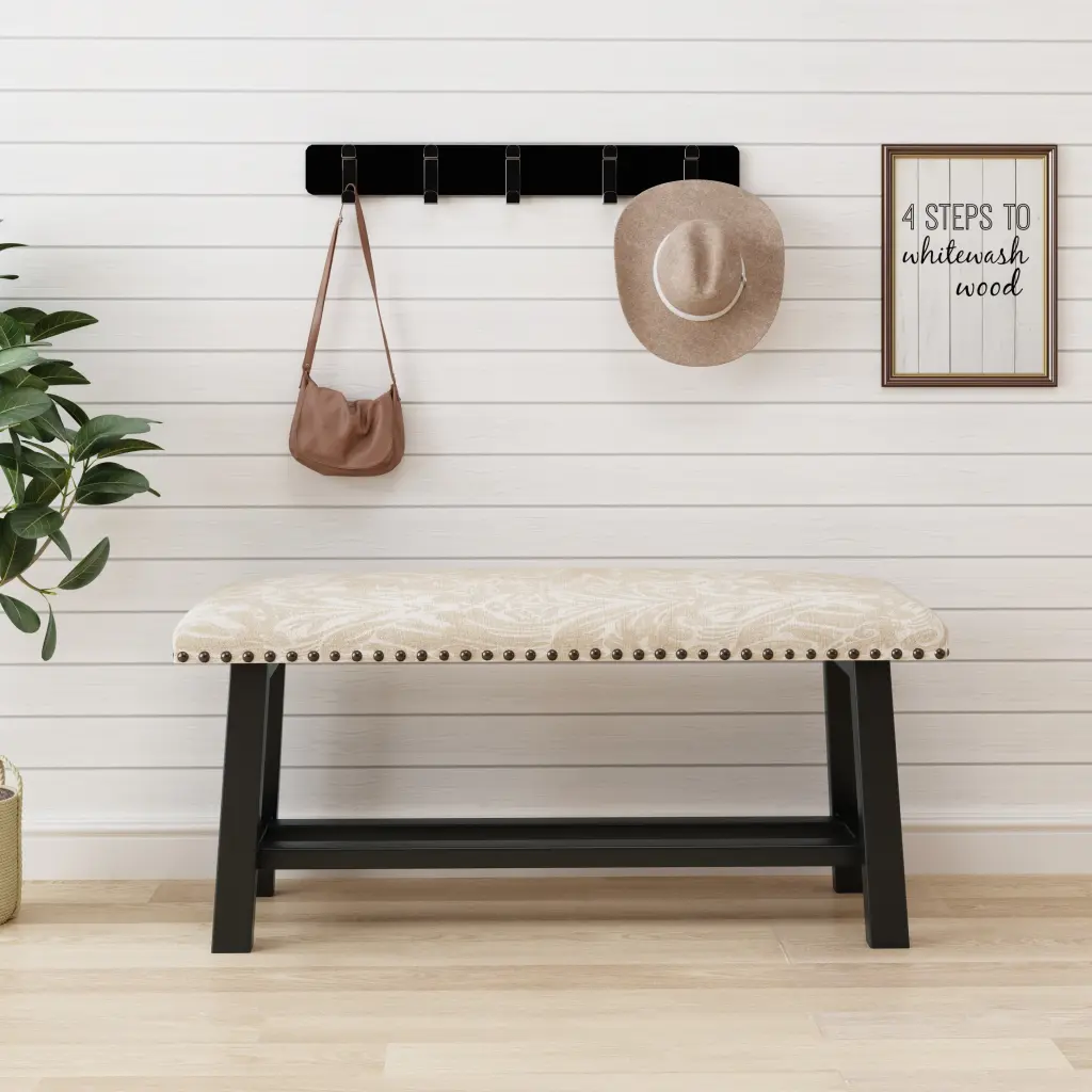 39 Inch Vintage Linen Upholstered Bench Seat Rustic Wood Legs Bedroom huazhao furniture