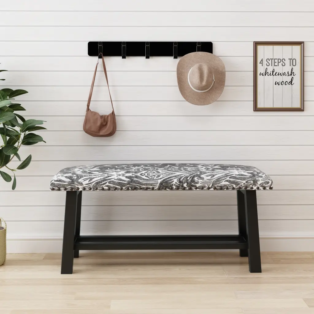 39 Inch Vintage Linen Upholstered Bench Seat Rustic Timber Legs huazhao furniture