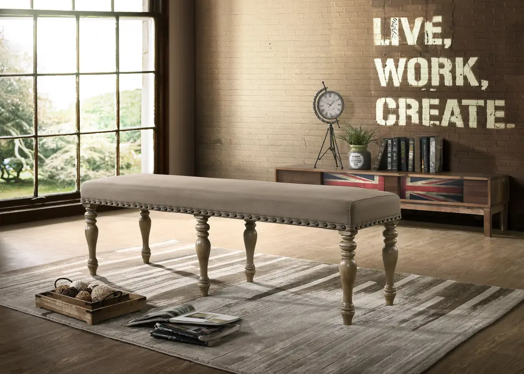 Birmingham Microfiber Upholstered Bench Nail Head Trim Driftwood hz