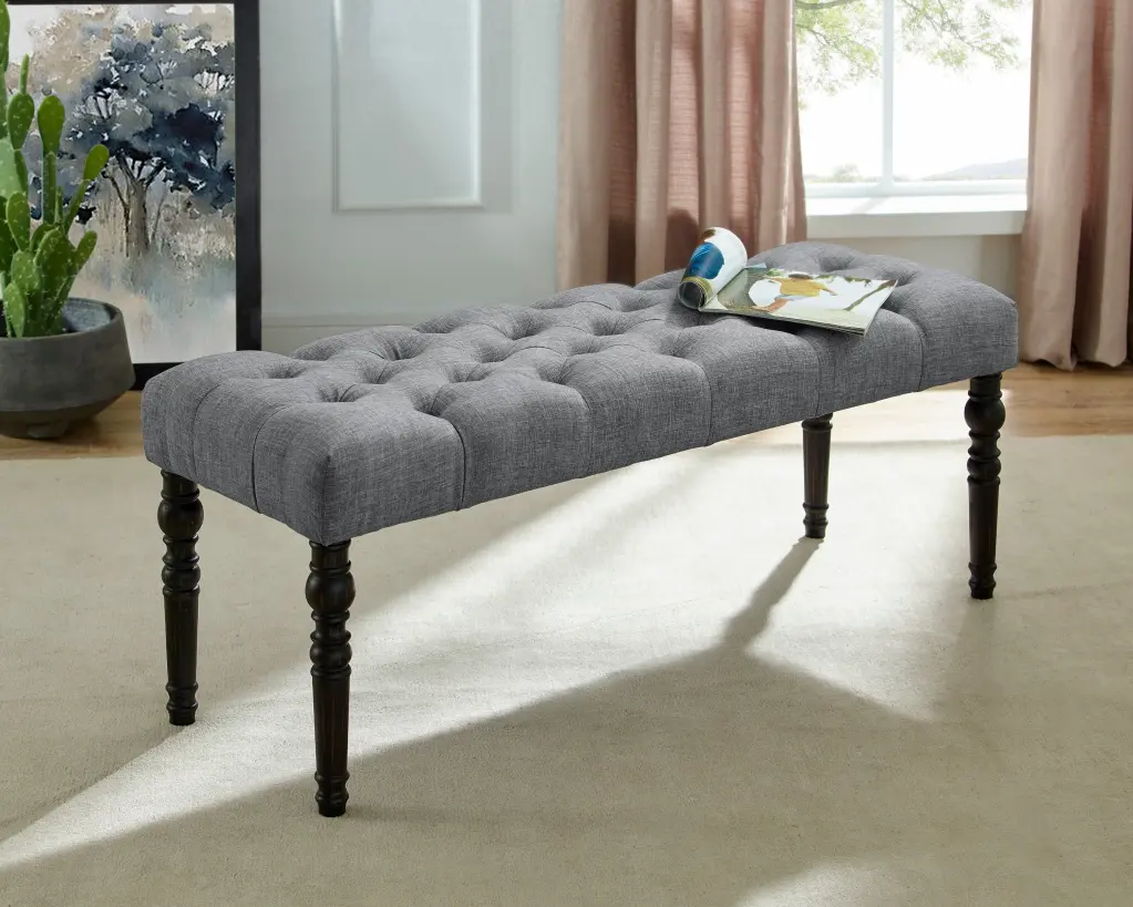 Leviton Gray Tufted Dining Bench Turned Timber Legs hz