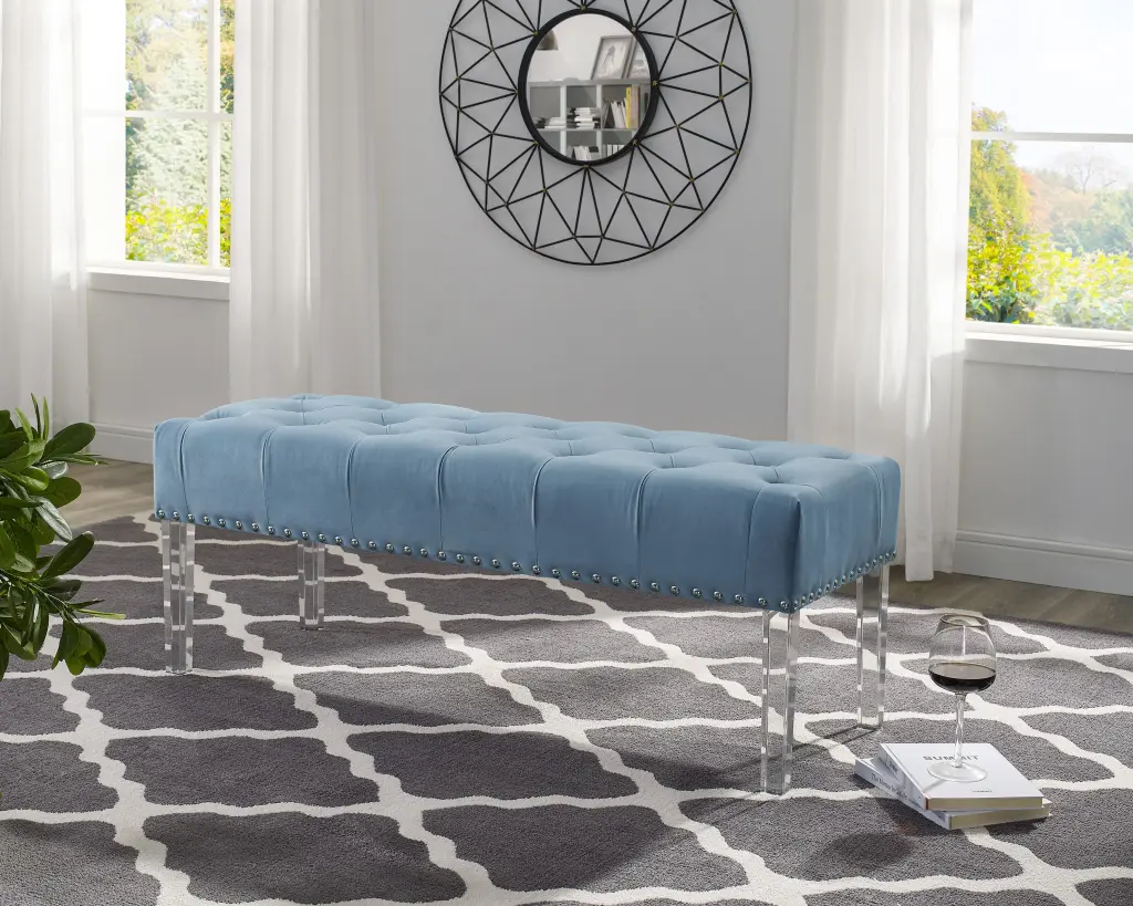 Valley Button Tufted Velvet Upholstered Bench Acrylic Legs Blue hz