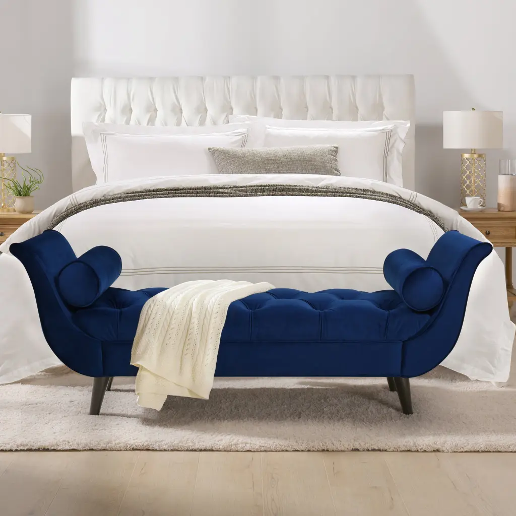 Alma Tufted Flared Arm Entryway Bench Navy Blue Velvet jennifer taylor home