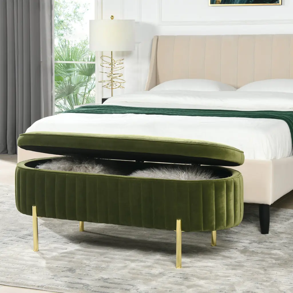 Chloe Modern Glam Storage Bench Olive Green Velvet jennifer taylor home