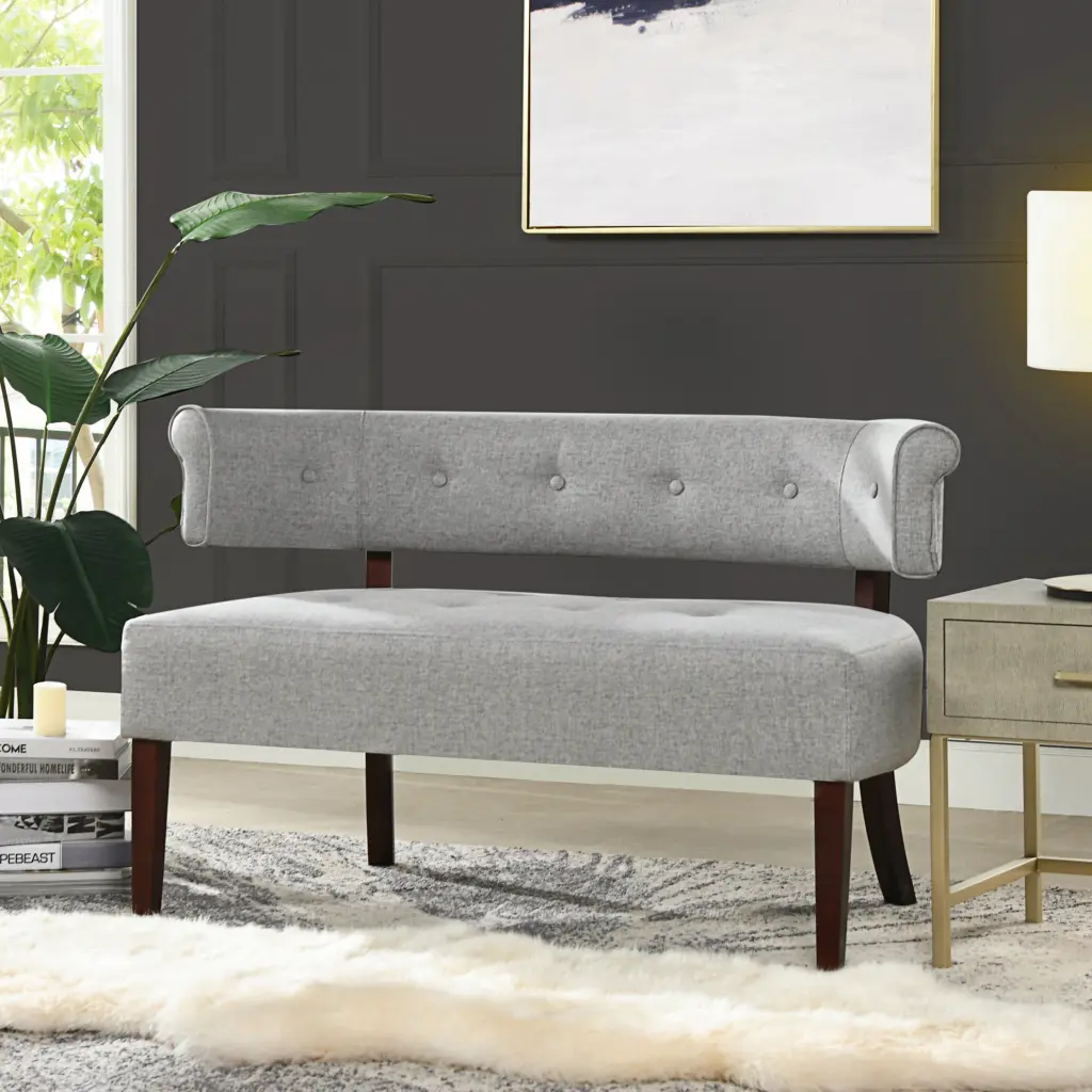 Jared Roll Arm Tufted Bench Settee Light Grey Polyester jennifer taylor home