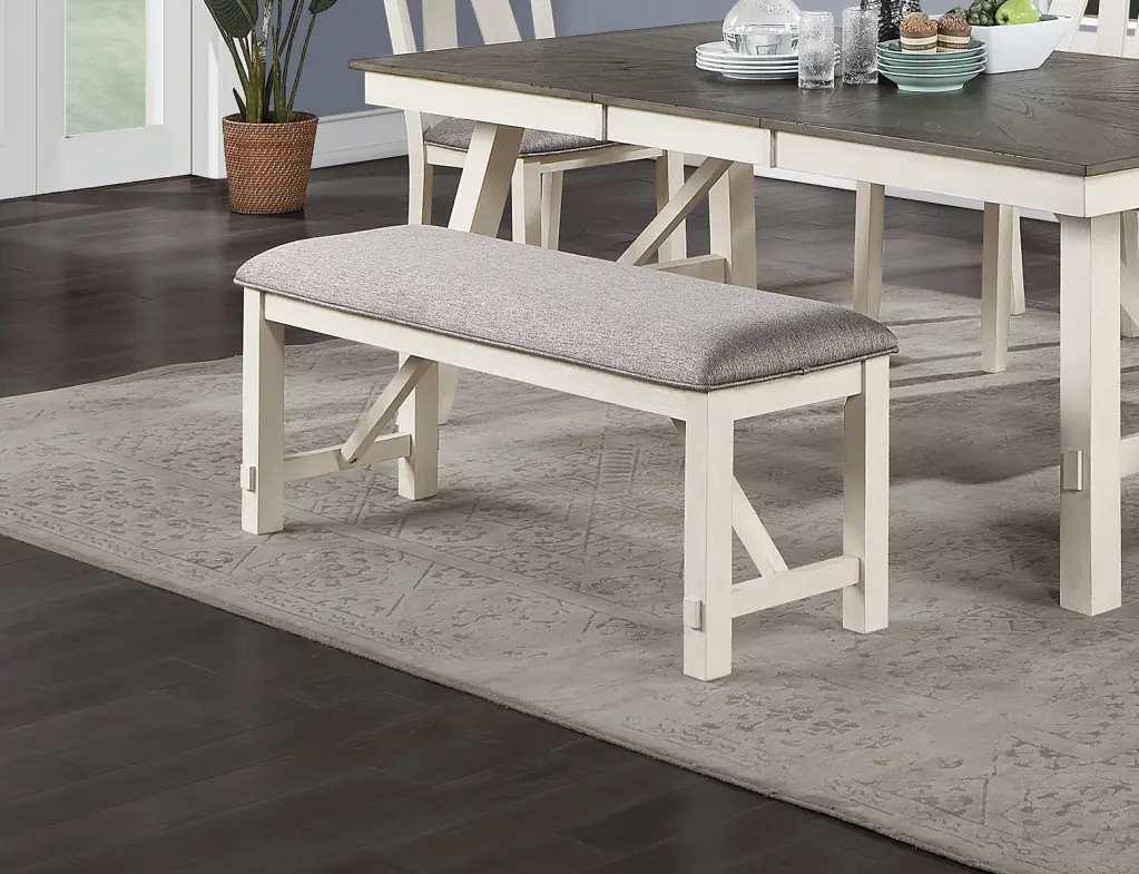 Dining Room Bench Gray Fabric Cushion Seat and White Frame kanepe