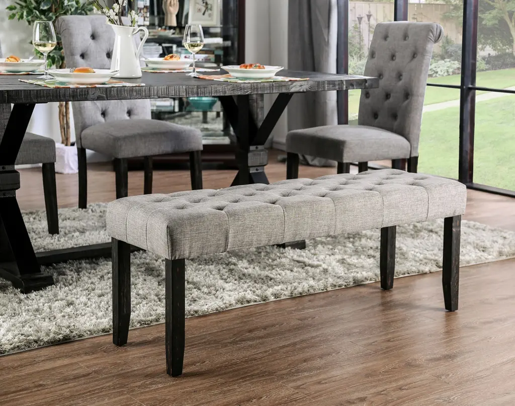 Timeless Light Gray Hue 1Pc Bench Button Tufted Linen Like Material Solid Wood kanepe