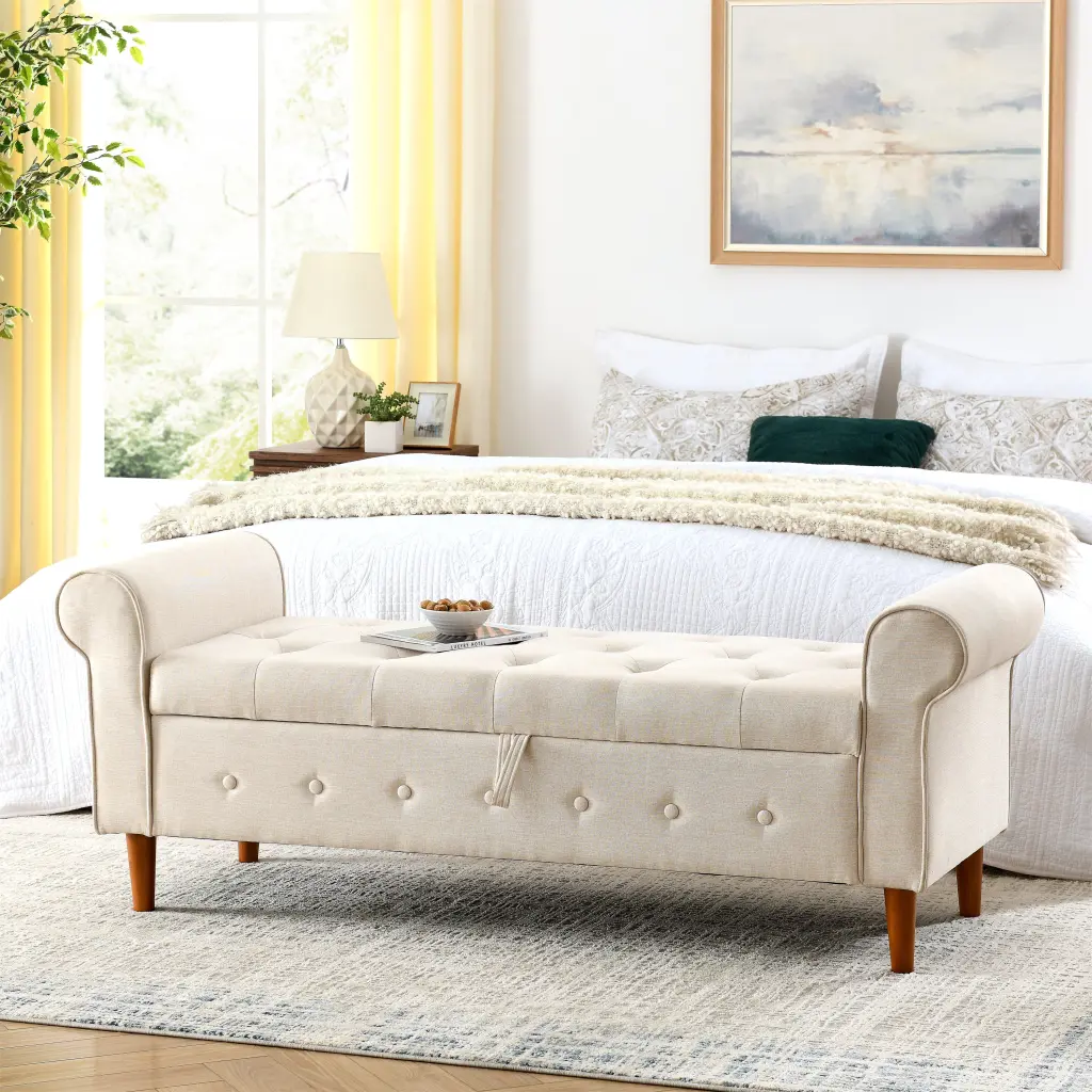 62 Inch Bedroom Tufted Button Storage Bench Modern Fabric Upholstered Ottoman lucky fortune