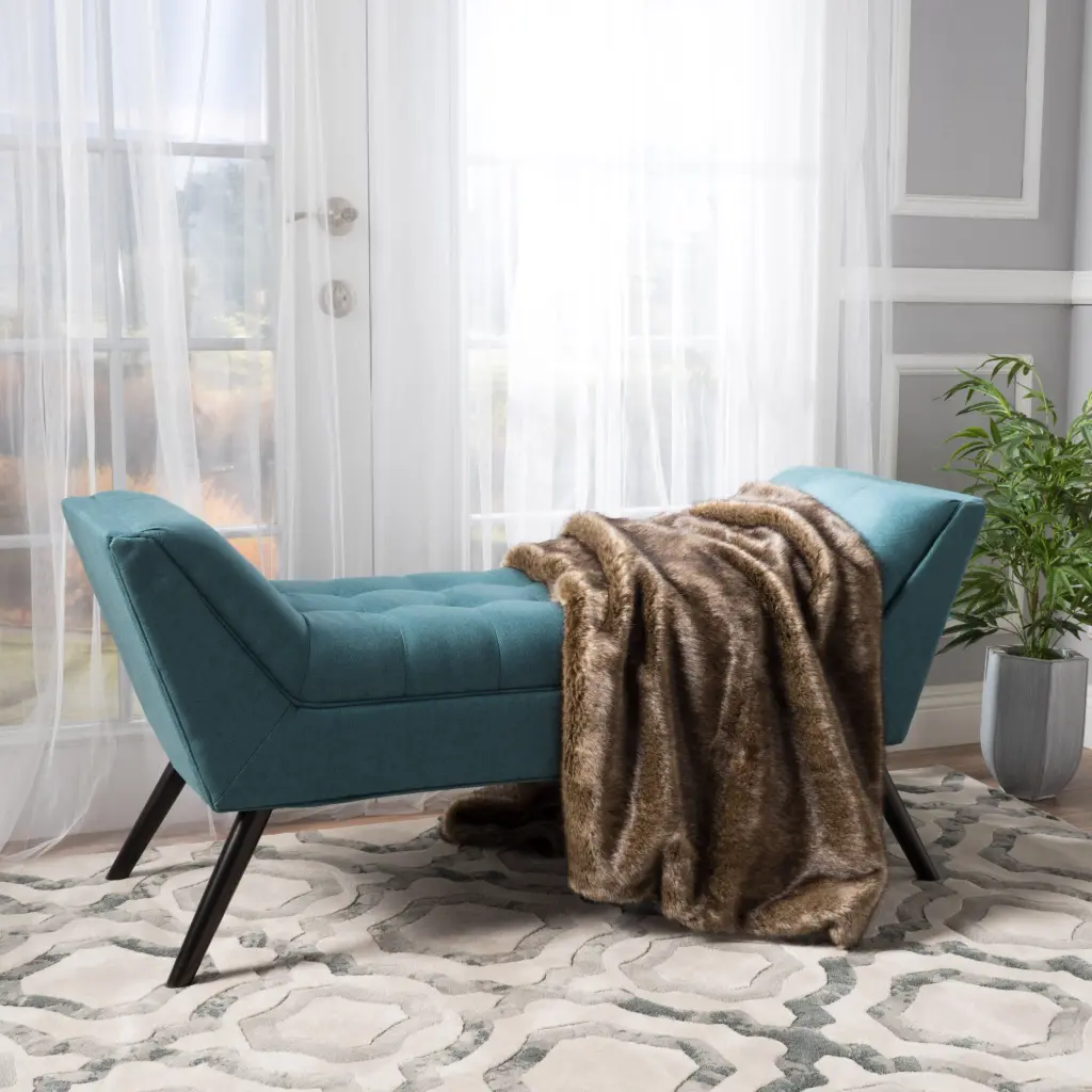 Teal Upholstered Bench Modern Living Room Accent Seating Wood Legs nh-an