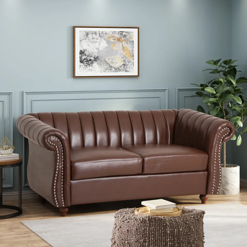 Seat Dark Brown PU Leather Upholstered Bench Wire Brushed Light Gray Finish nh-vivalux
