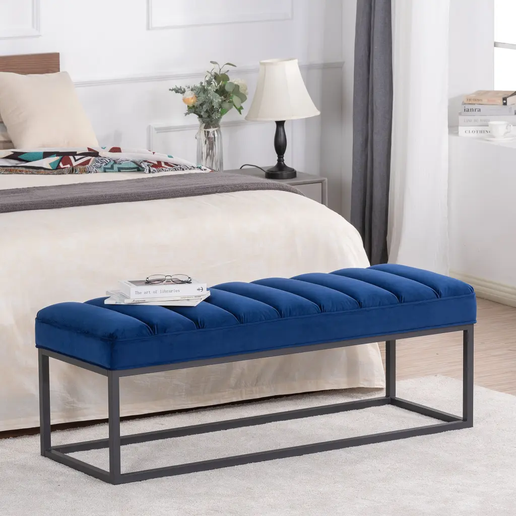 Metal Base Upholstered Bench Bedroom Entryway Navy Blue Velvet rnb