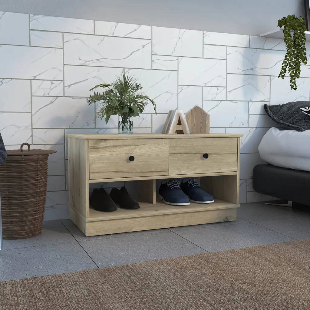 Hamilton Storage Bench Two Open Shelves and Two Drawers Light Oak tuhome