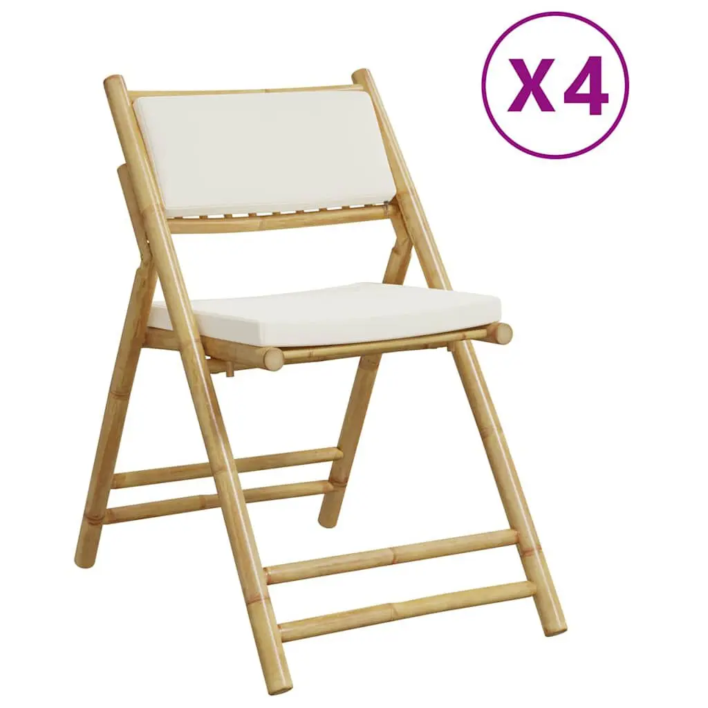 4 Piece Bamboo Folding Bistro Chairs Cream White Cushions Patio