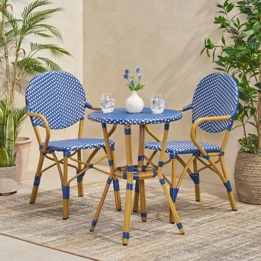 Outdoor Pe Rattan And Light Metal 3 Piece French Bistro Set, Dark Teal nh-bc furniturings