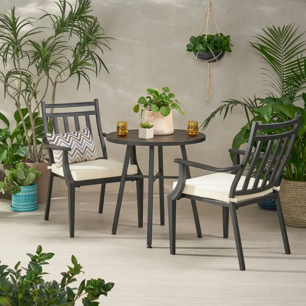 Delmar 3 Piece Black Ferrous Metal Bistro Set Outdoor Dining nh-gardenpara