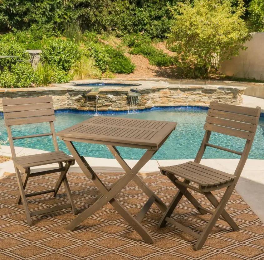 Positano 25 Inch Collapsible Bistro Set Gray Acacia Wood nh-gardenpara