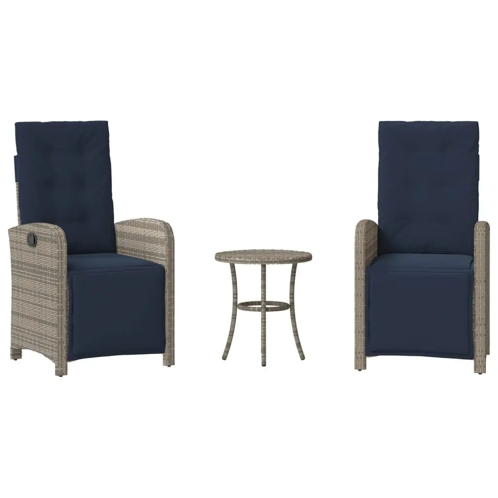 3 Piece Bistro Set Cushions Gray Poly Rattan Outdoor Cafe Furniture