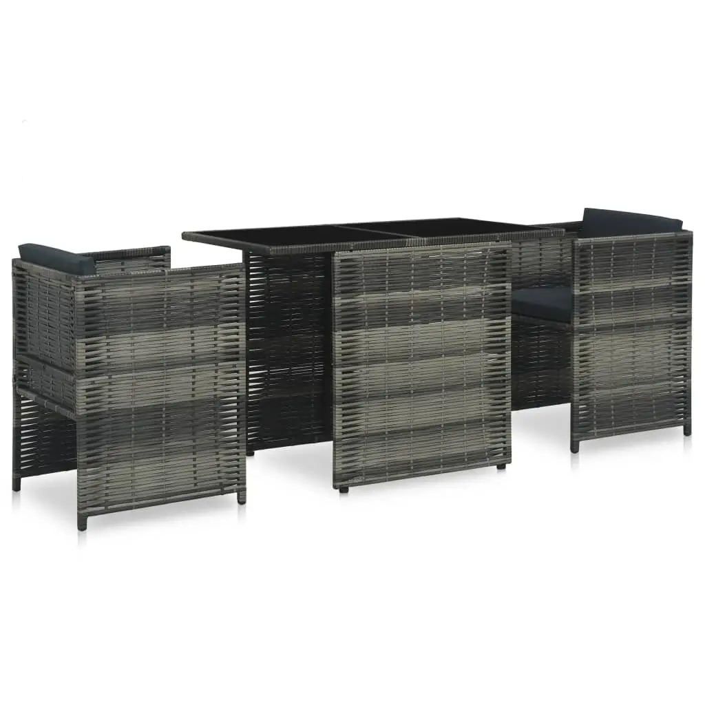 3 Piece Bistro Set Cushions Poly Rattan Gray Outdoor Cafe Furniture