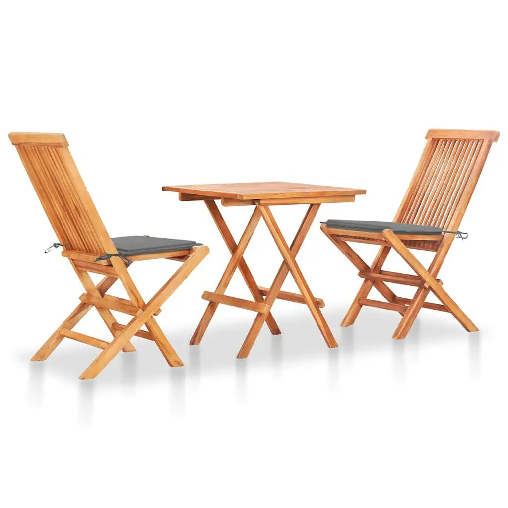 3 Piece Bistro Set Gray Cushions Solid Teak Wood Outdoor Cafe Set
