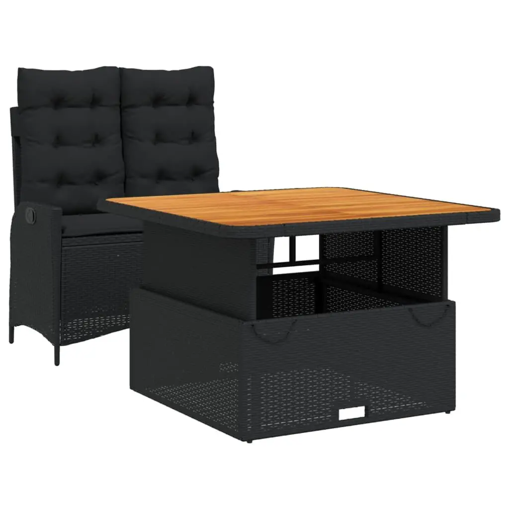 2 Piece Black Poly Rattan Patio Dining Set Cushions Compact Outdoor Set
