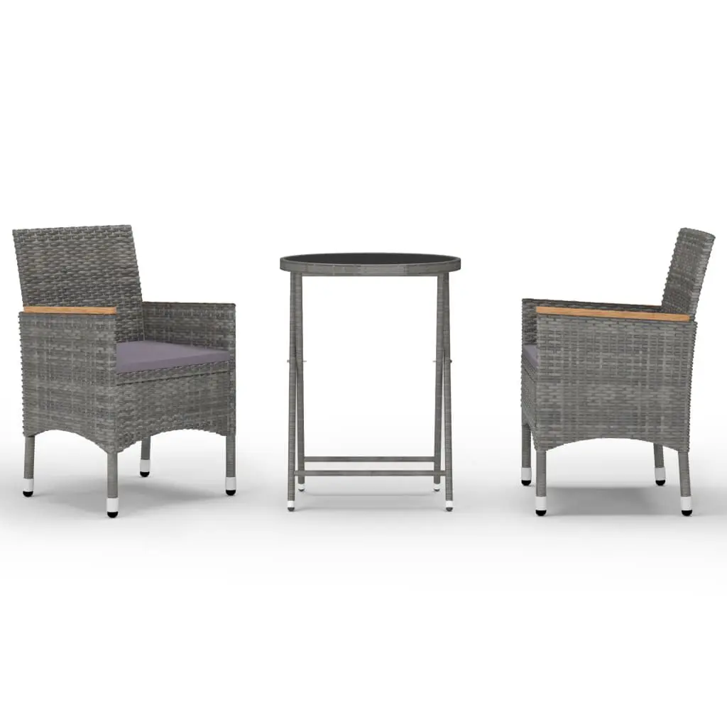 3 Piece Patio Bistro Set Poly Rattan and Tempered Glass Gray Outdoor Dining