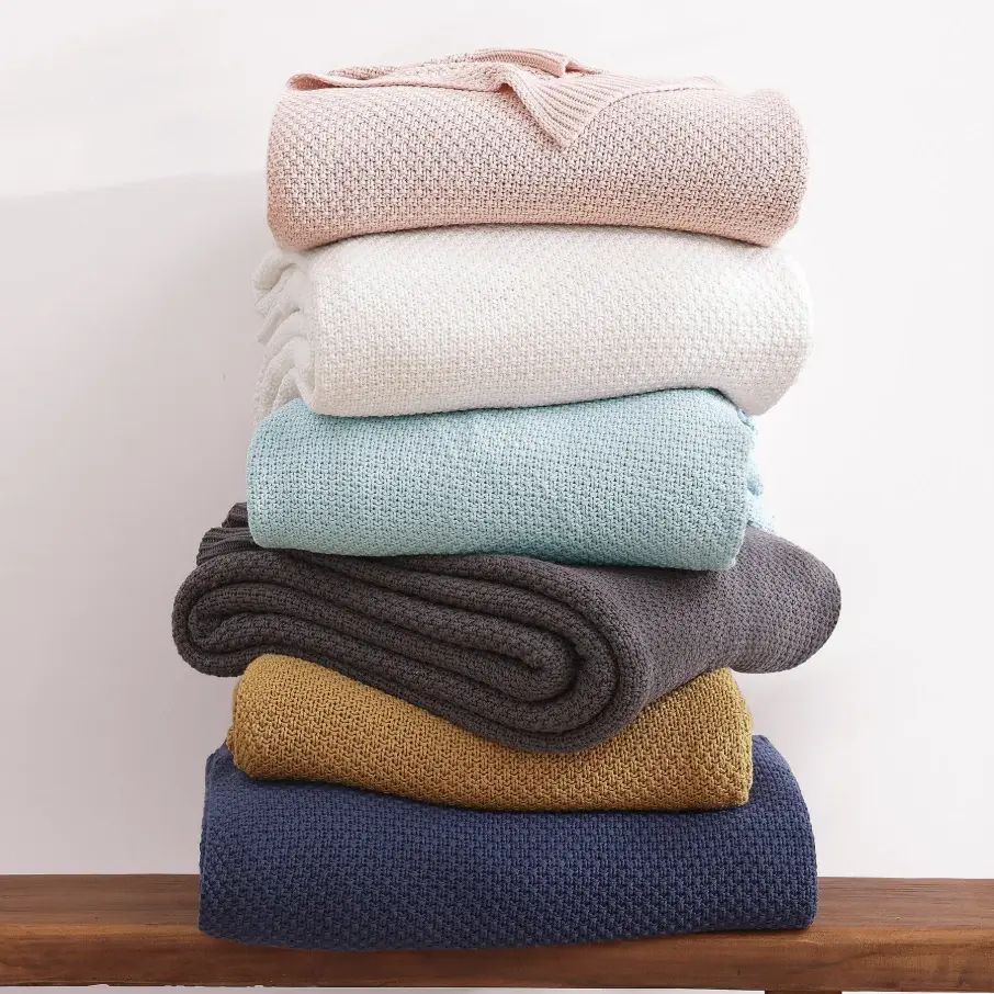 Cotton Knit Throw Blanket , Airy Blue Men
