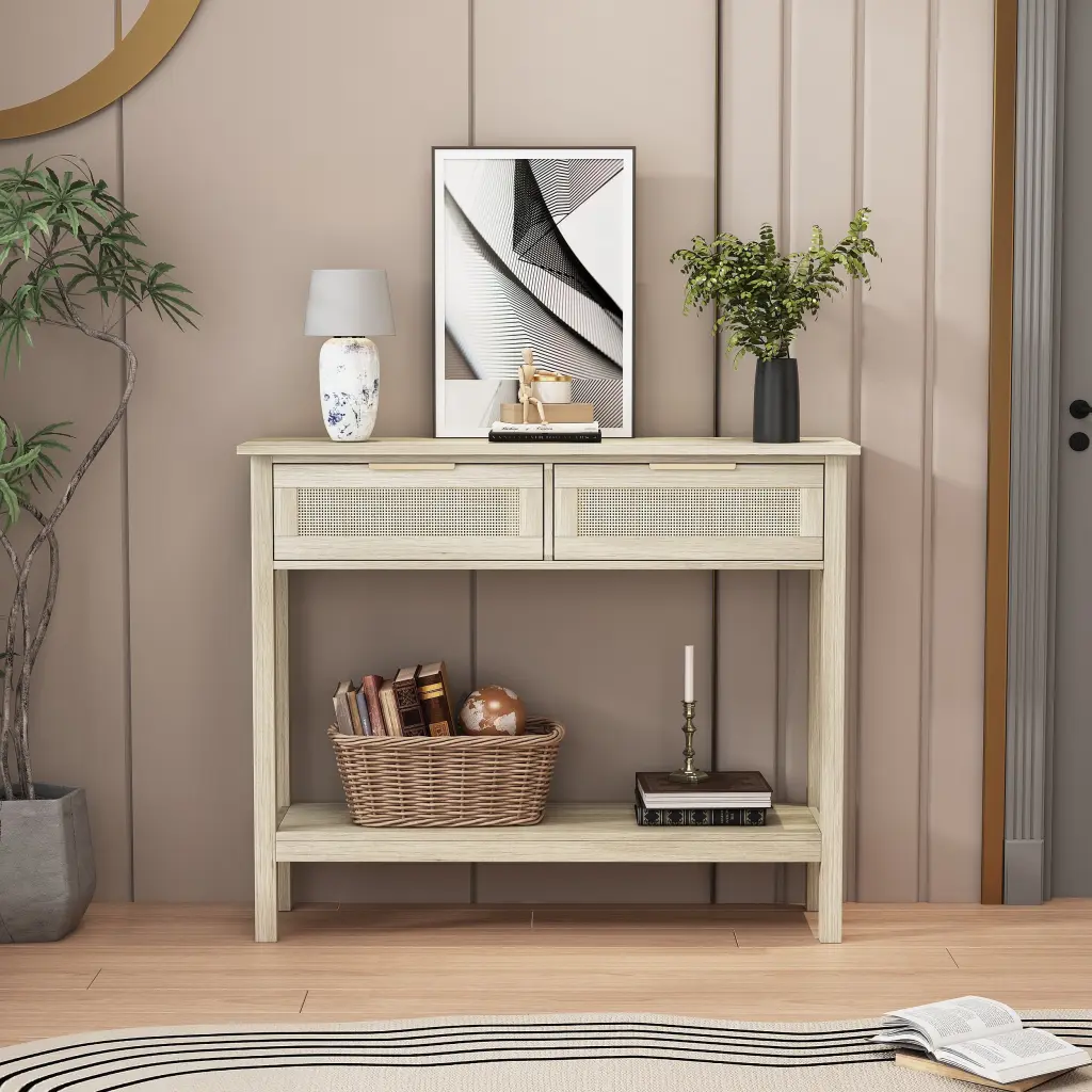Boho Style Console Table 2 Rattan Drawers and Bottom Storage Shelf wonderland