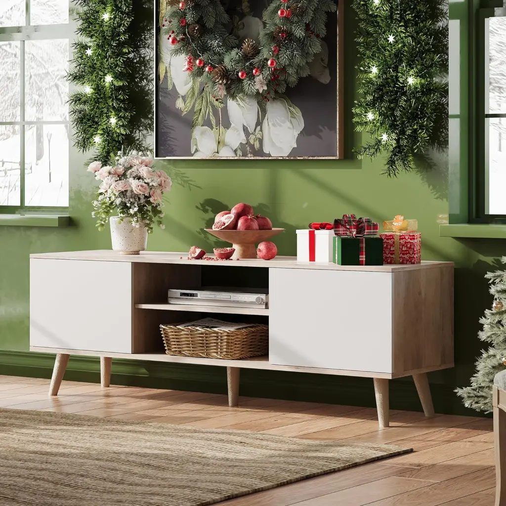 WLIVE Boho TV Stand Living Room Up to 55-60 Inch TV Storage Cabinets Greige White