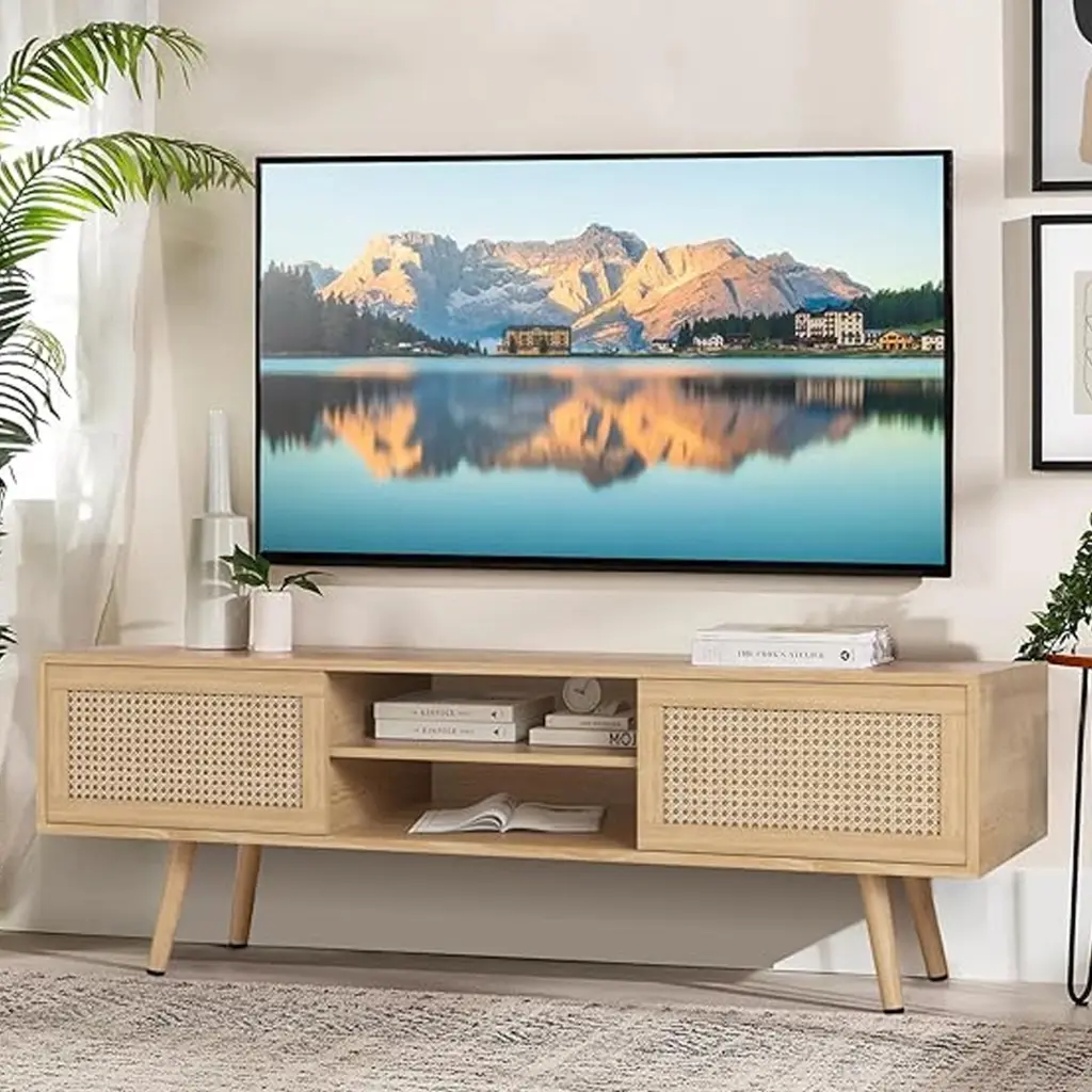 Rattan TV Stand Storage 60 Inch TV Boho Entertainment Center Living Room Diubas