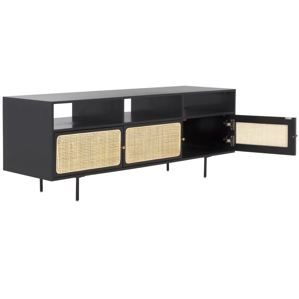 SAFAVIEH Karol 3 Door Cane Media Stand Black Natural Black Legs 54.3x16.9x20.1 Inches