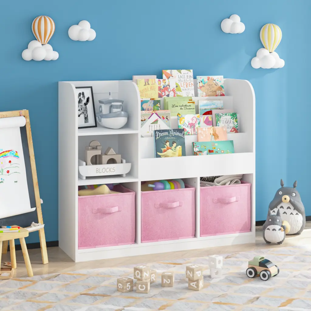 Kids Bookcase Multifunctional Bookshelf 3 Collapsible Storage Bins moonriver