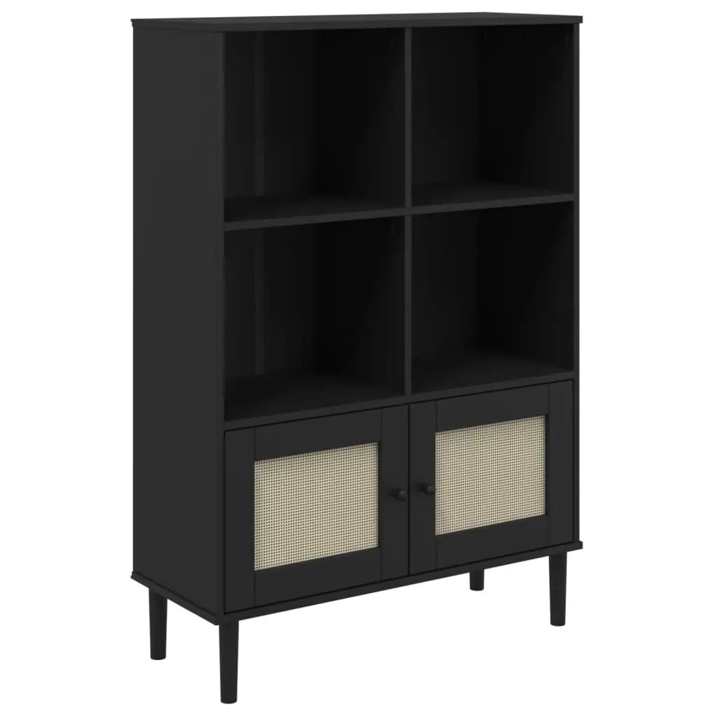 Bookcase SENJA Rattan Look Black 35.4x13.8x51.2 Inch Solid Wood Pine Storage