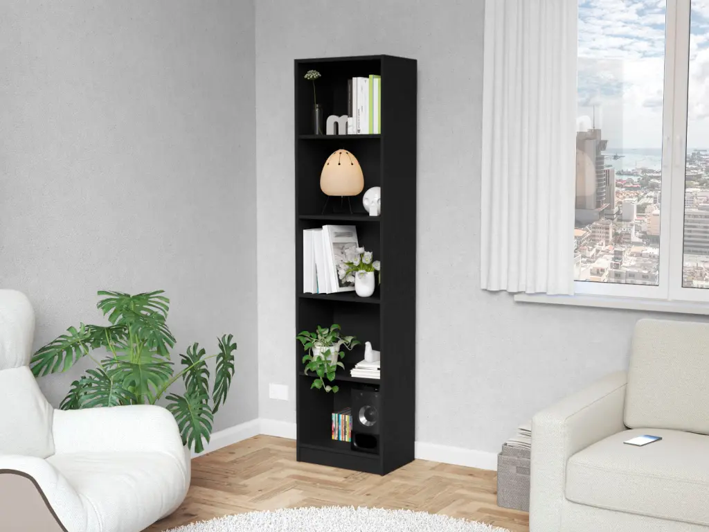 Sutton Slim Bookcase Modern 5 Shelf Design Black Particle Board fm furniture