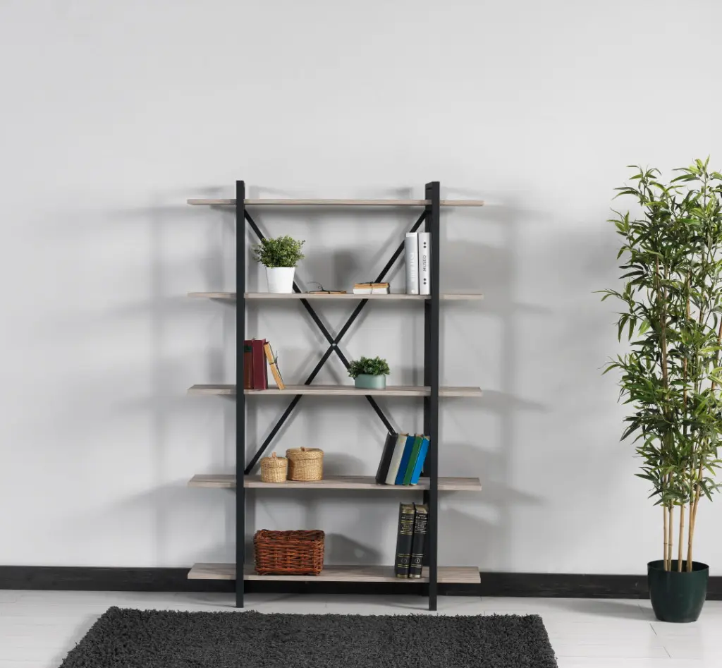 Katerina 5 Tier Bookcase Metal Frame Wood Base Oak Bookshelf furnia