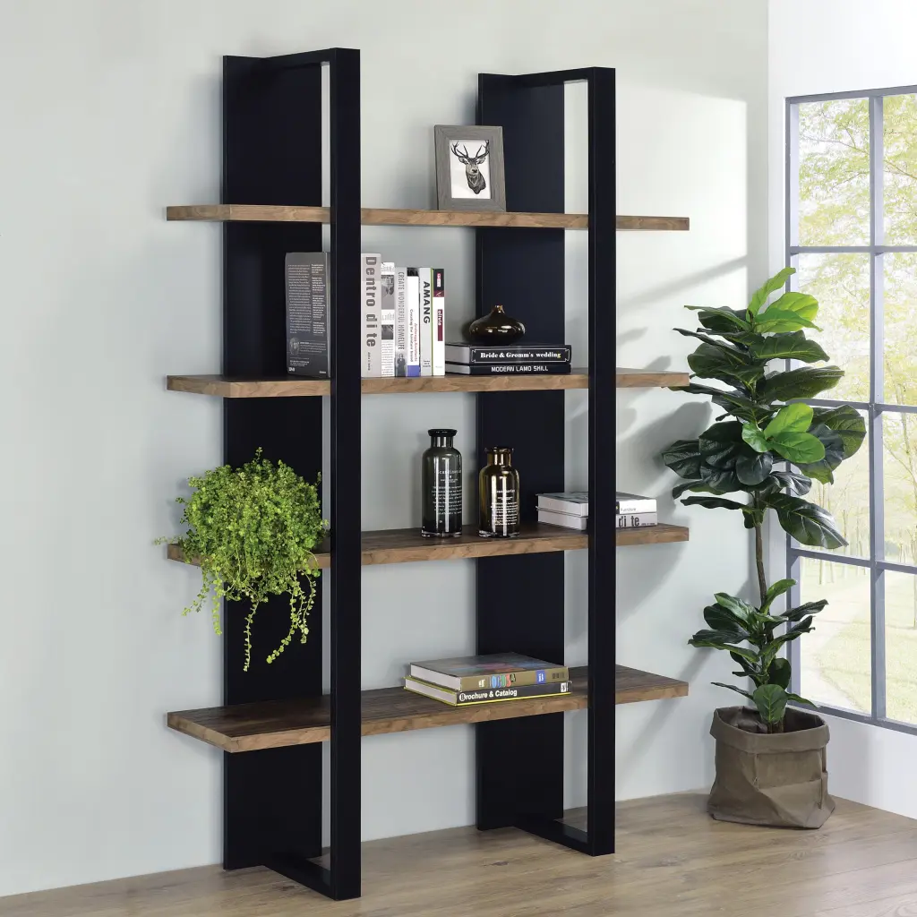 Mystrene Black and Walnut 4 Shelf Bookcase - Vertical Etagere furniture max