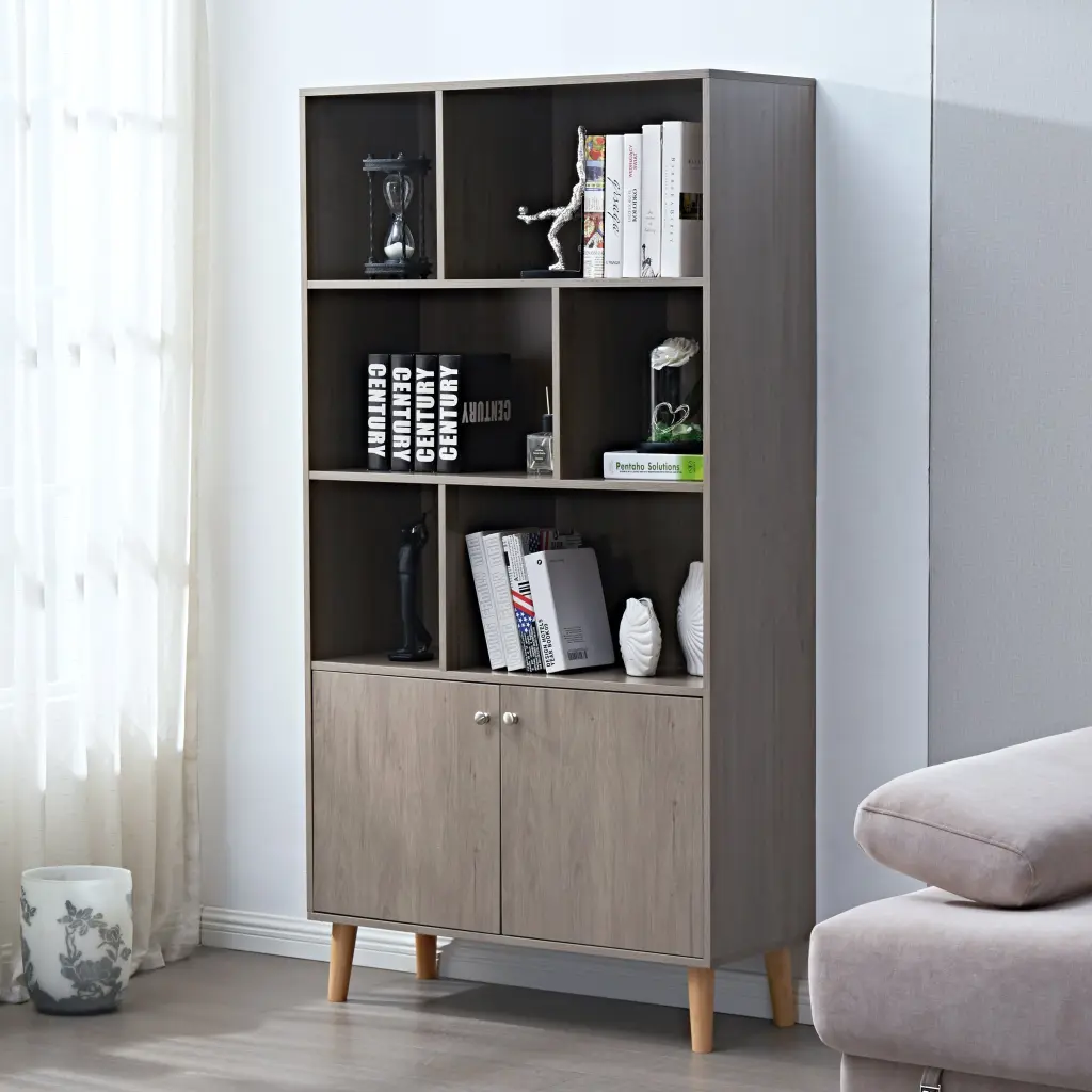 67 Inch Bookcase Doors 3 Tier Bookshelf Gray Oak MDF Storage Cabinet jaydenmax