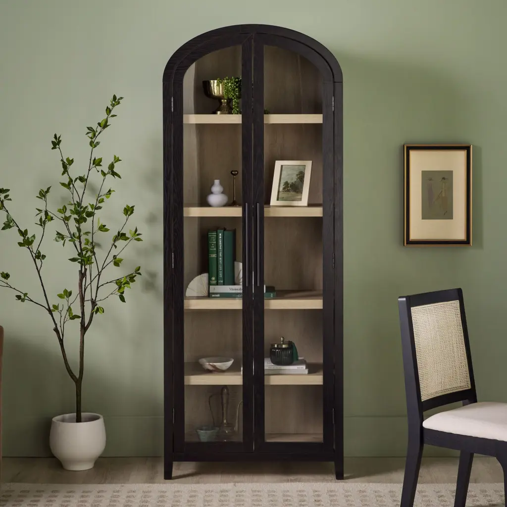 Modern 5 Shelf Arched Tall Bookcase Crystal Doors Black Mdf walker edison