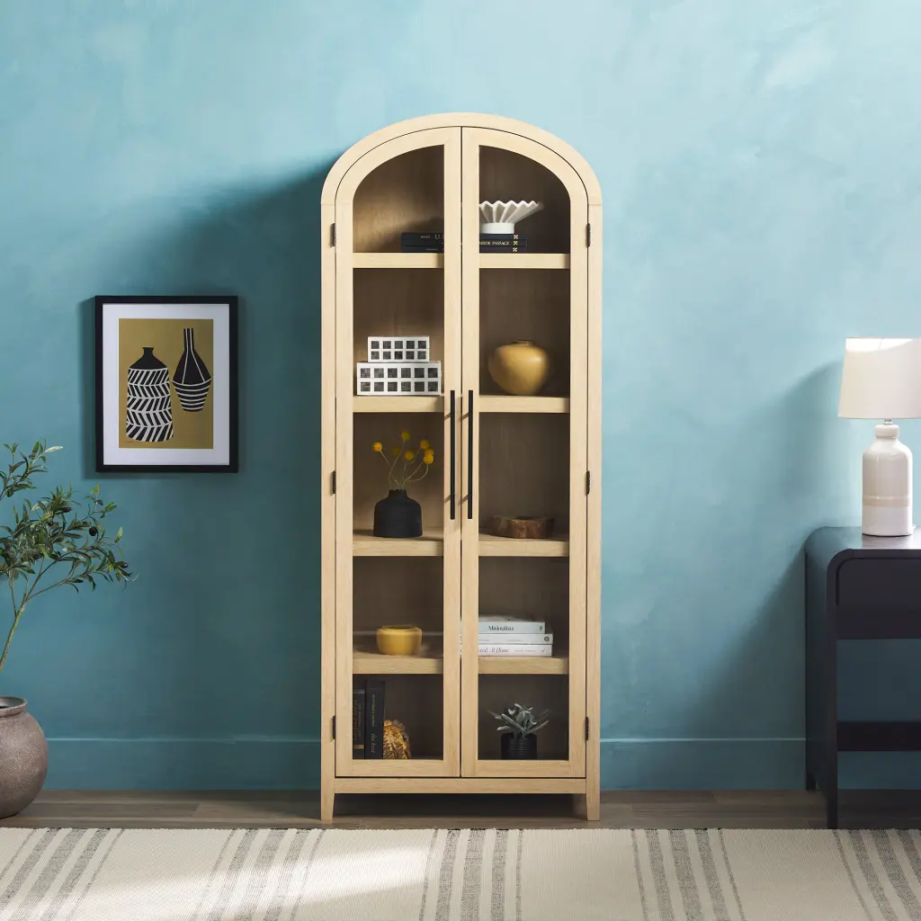 Modern 5 Shelf Arched Tall Bookcase Glass Doors Oak MDF Storage Cabinet walker edison