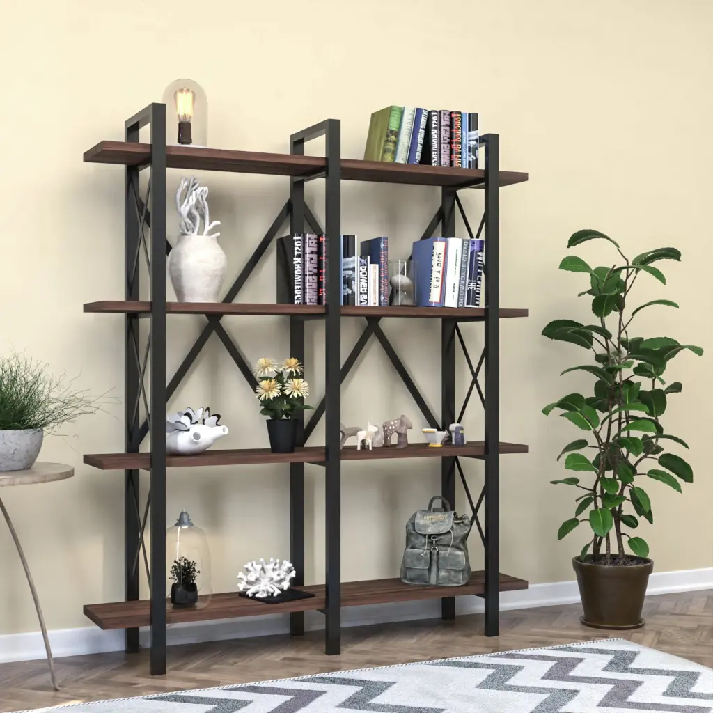 Cunda 5 Tier Bookcase Metal Frame and Walnut Wood Base furnia