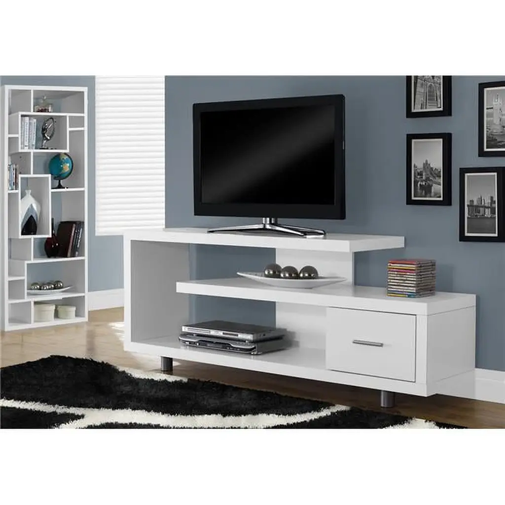 HomeRoots 24 Inch White Particle Board TV Stand Silver Metal Frame and Drawer