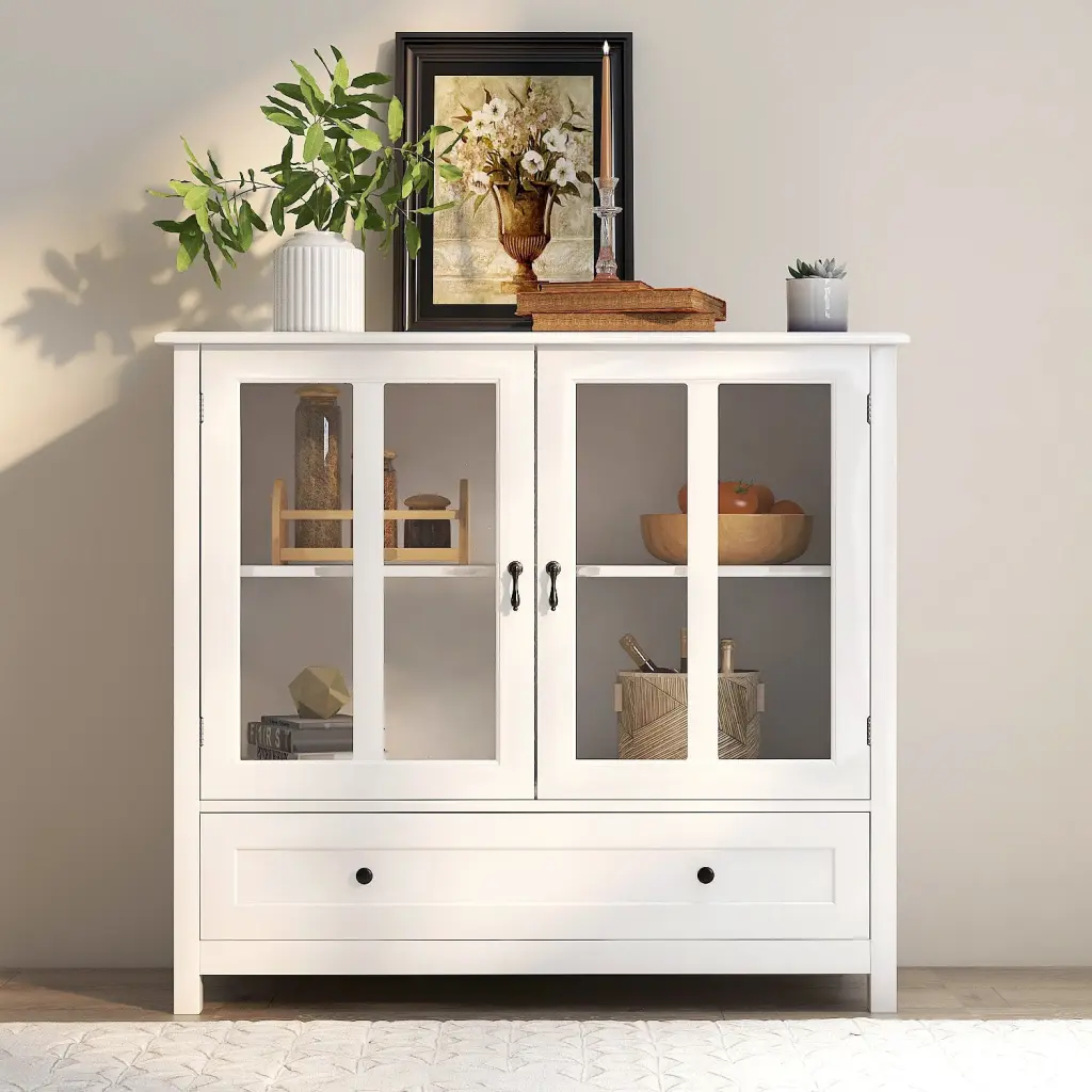 Buffet Storage Cabinet Double Crystal Doors And Unique Bell Handle cl worthy houseware co.-ltd.