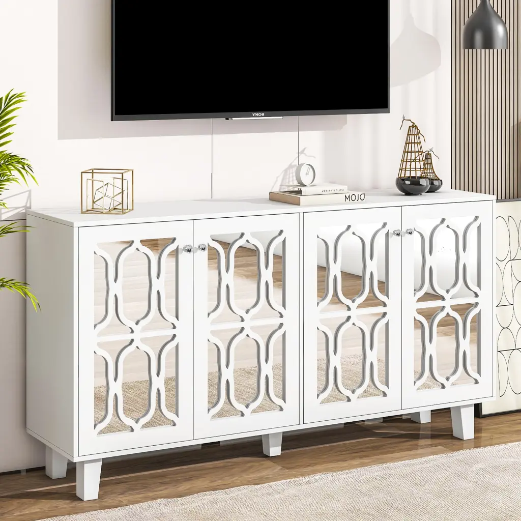 Buffet Cabinet Customizable Shelves and 4 Door Mirror Hollow Carved Design rnb