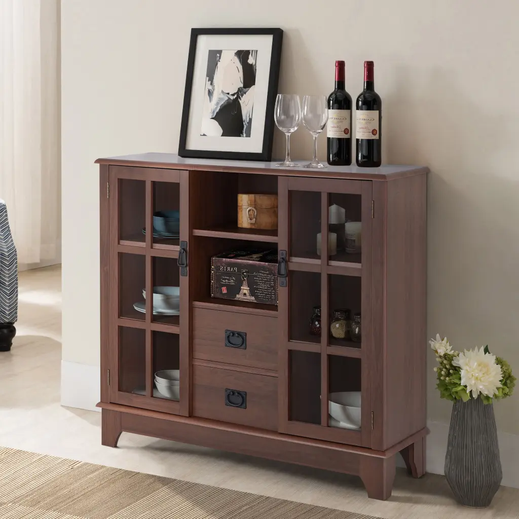 Walnut 2 Door Server 2 Drawer Dining Room Open Storage Cabinet furniture max