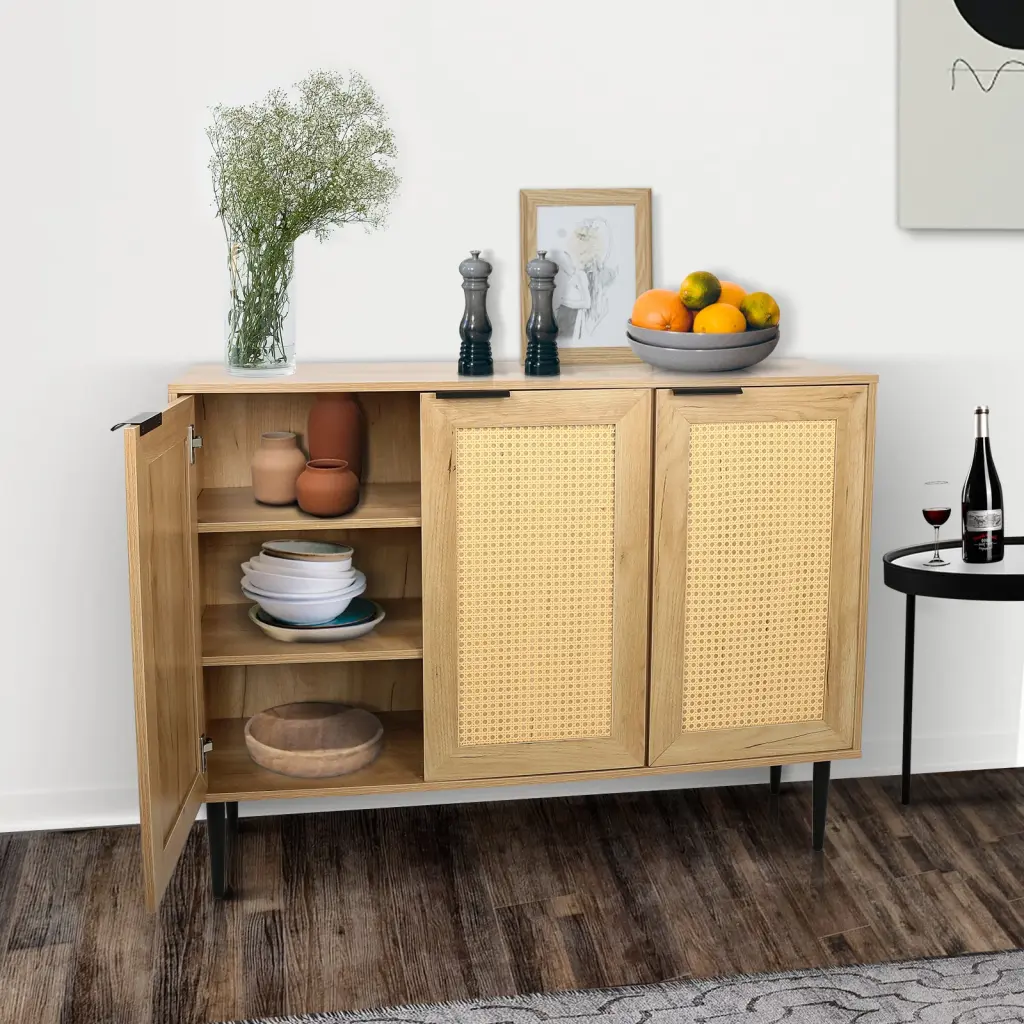 47.24 Inch Wide Elegant Kitchen Buffet Storage Cabinet 3 Rattan Doors rnb