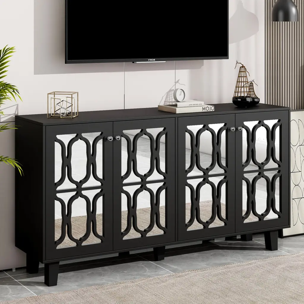 Buffet Cabinet Customizable Shelves 4 Door Mirror Hollow Carved rnb