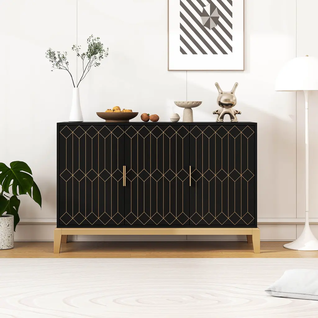 Carved Line 3 Door Storage Cabinet Sideboard Buffet Cabinet Adjustable Shelves rnb