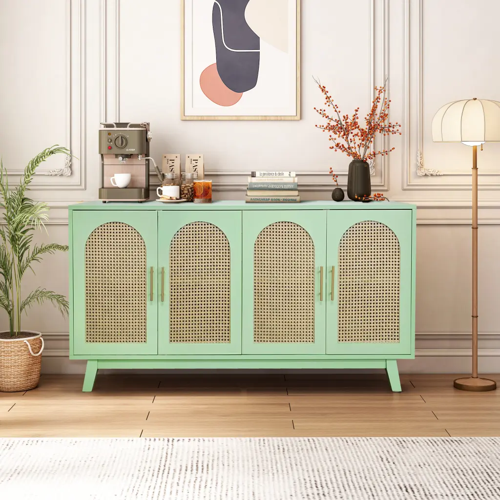 Sideboard Buffet Cabinet Rattan Doors Boho 4 Door Cabinet Storage spribung