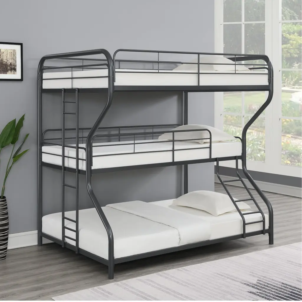 Black Metal Triple Bunk Bed Full Twin Full Space Saving Home Decor Kids Bedroom Furniture civilfurniture