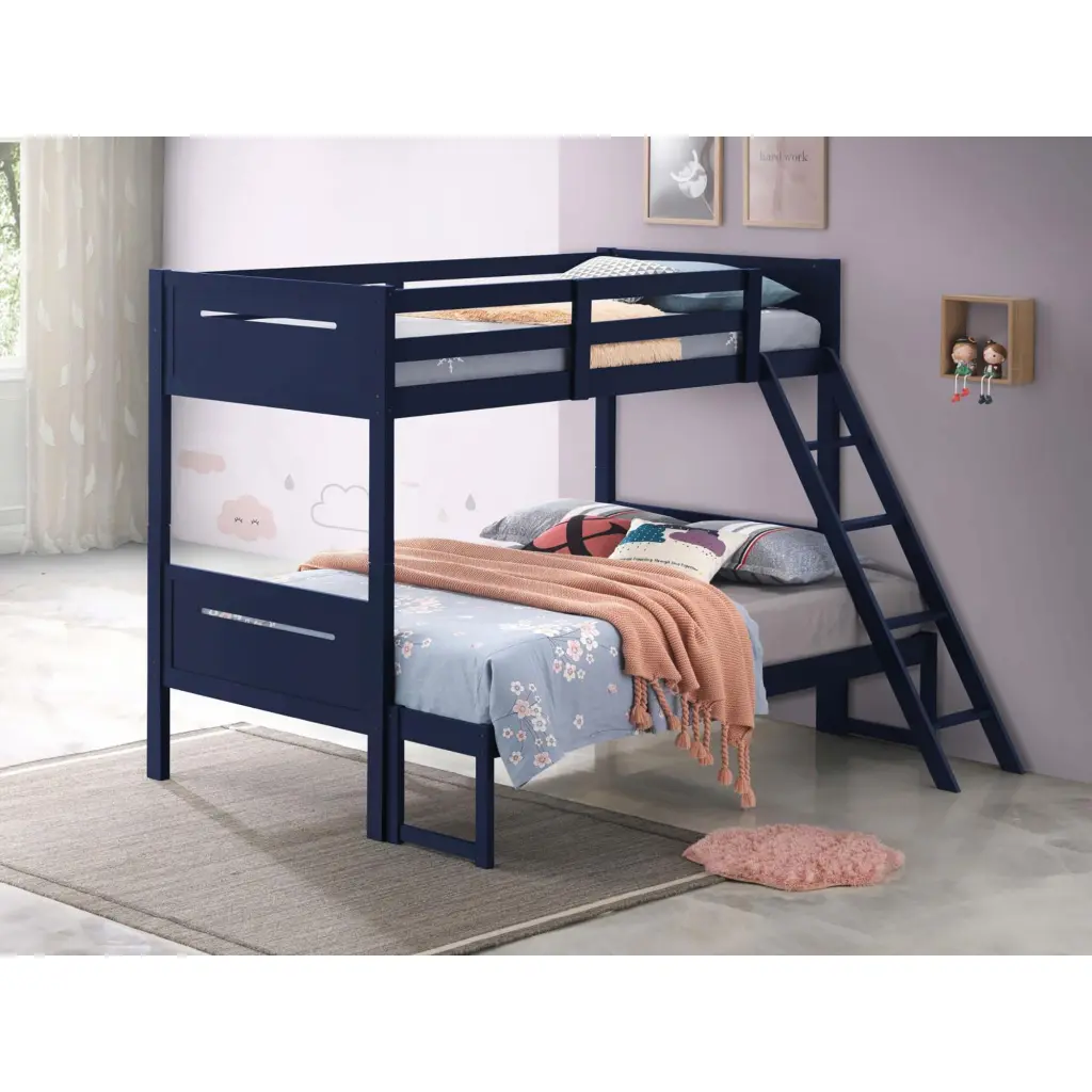 Blue Twin Full Bunk Bed Built- Ladder Transitional Bedroom Furniture furniture max