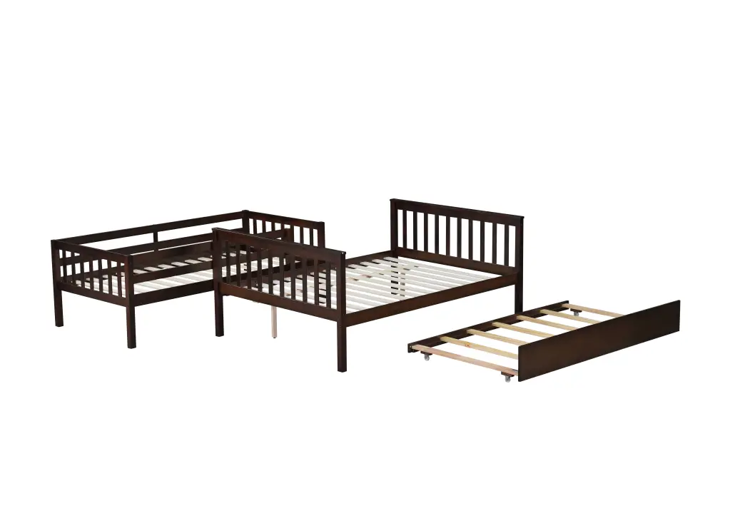 Twin Over Full Rubber Wood Bunk Bed Trundle and Convertible Ladder inspirit
