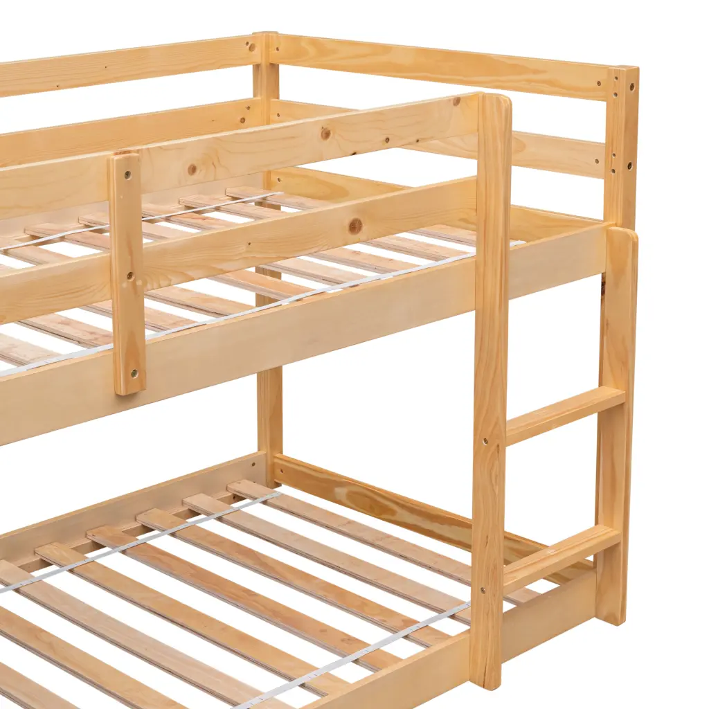 Twin Over Twin Floor Bunk Bed Natural Wood Space Saving Kids Bedroom Furniture inspirit